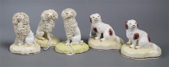 Five Samuel Alcock porcelain figures of dogs, c.1840-50, tallest 9.5cm